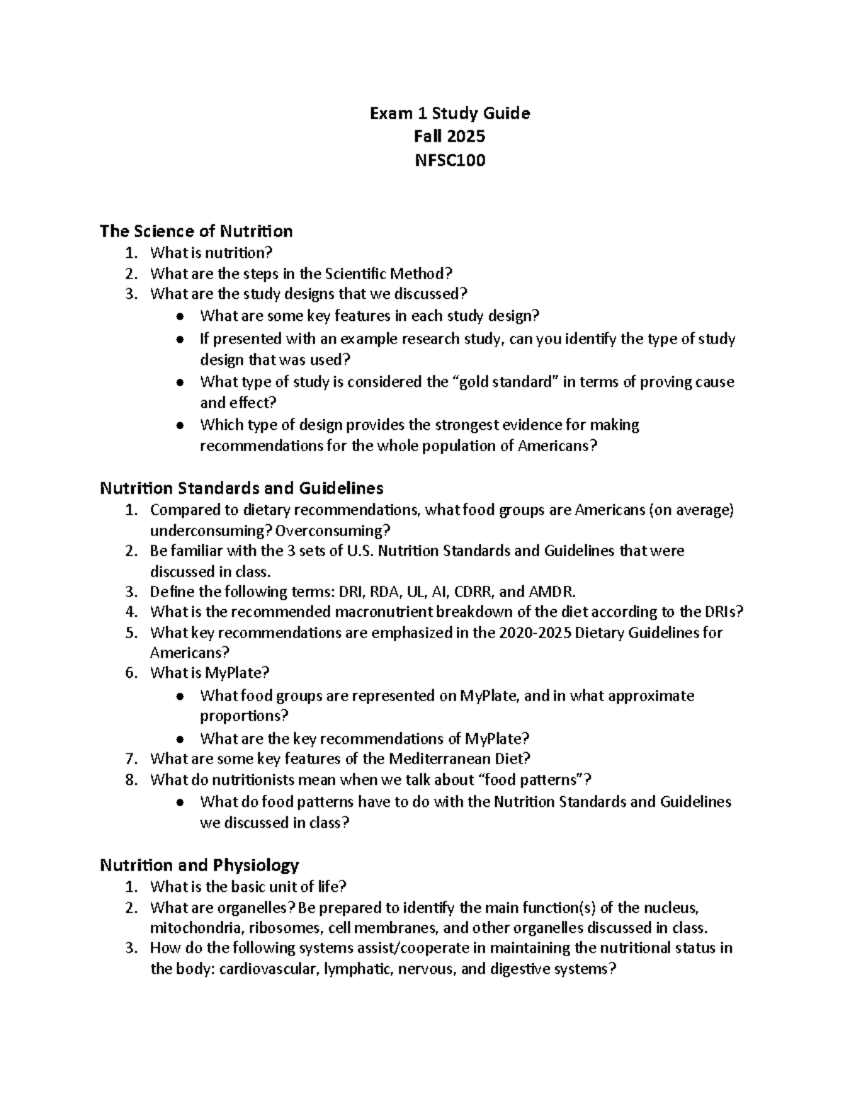 Exam 1 Study Guide for NFSC100: Nutrition Science Overview, Fall 2025 ...