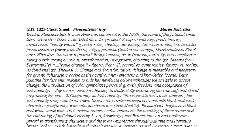 MIT 1025 - Final Exam Cheat Sheet: Insights on Pleasantville - Studocu