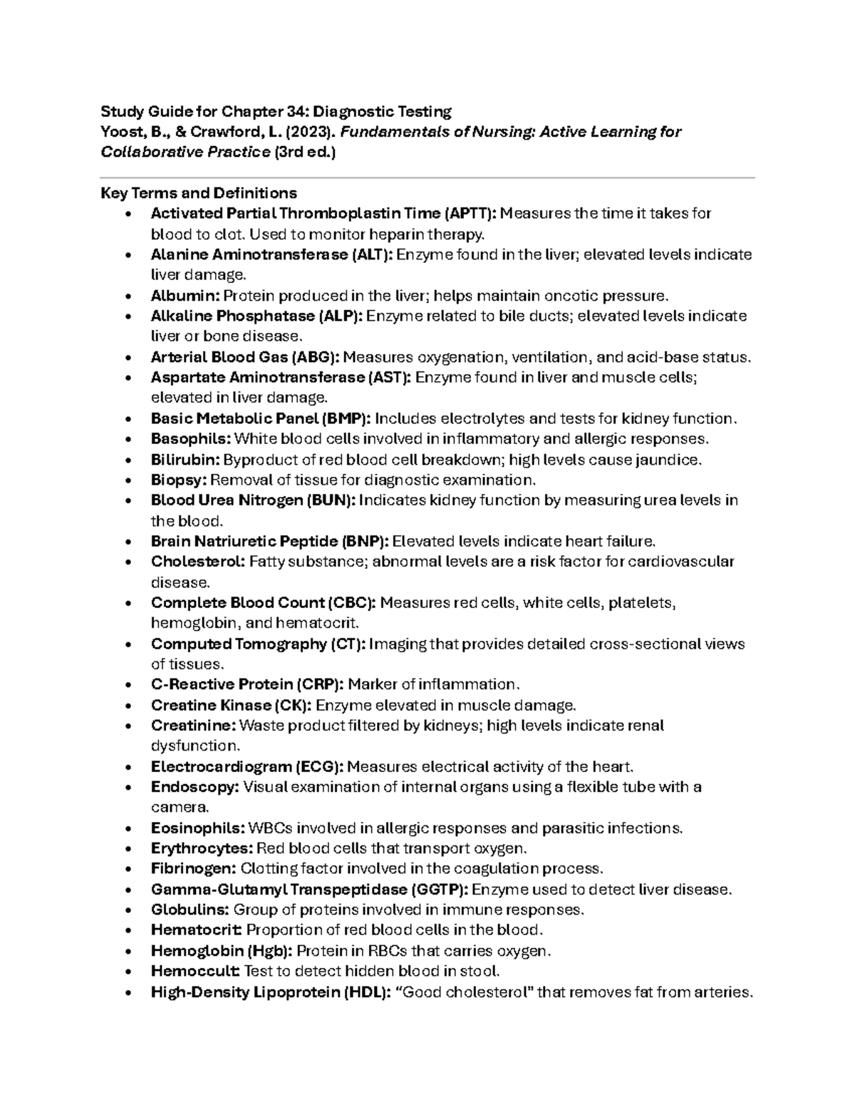 Study Guide for Nursing 101: Chapter 34 - Diagnostic Testing Insights ...