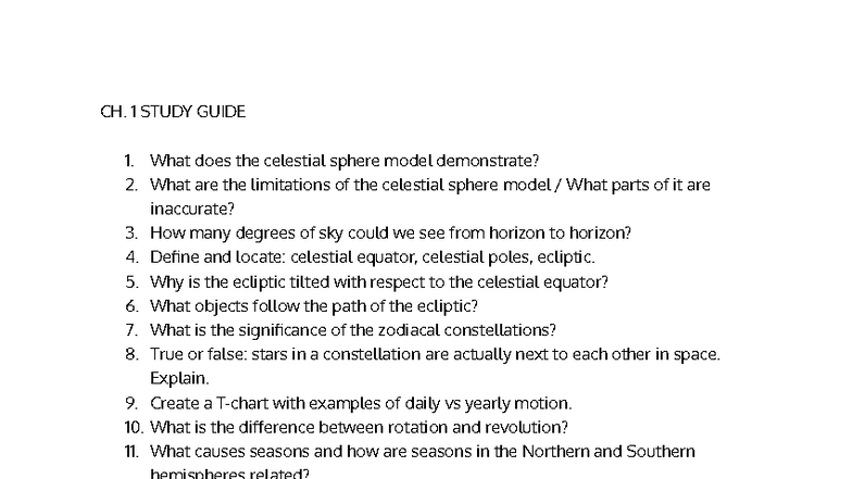 ASTR 101: Ch. 1 Study Guide on Celestial Sphere & Motion - Studocu
