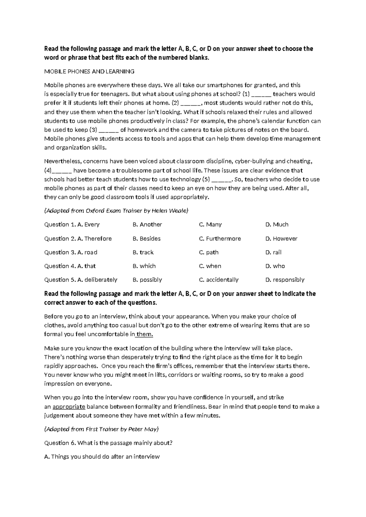 Reading Practice 15-9: Mobile Phones and Interview Preparation ...