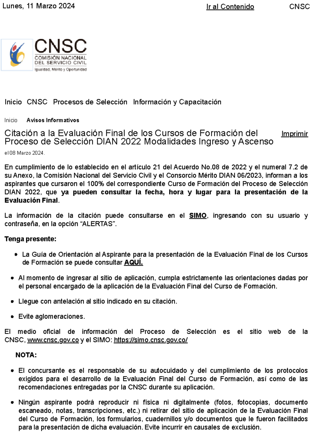 Citación a la Evaluación Final del Curso de Formación DIAN 2022 - Studocu