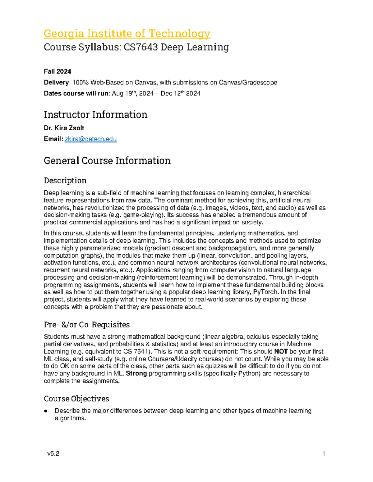 FA24 - CS7643 Deep Learning Syllabus and Course Outline - Studocu