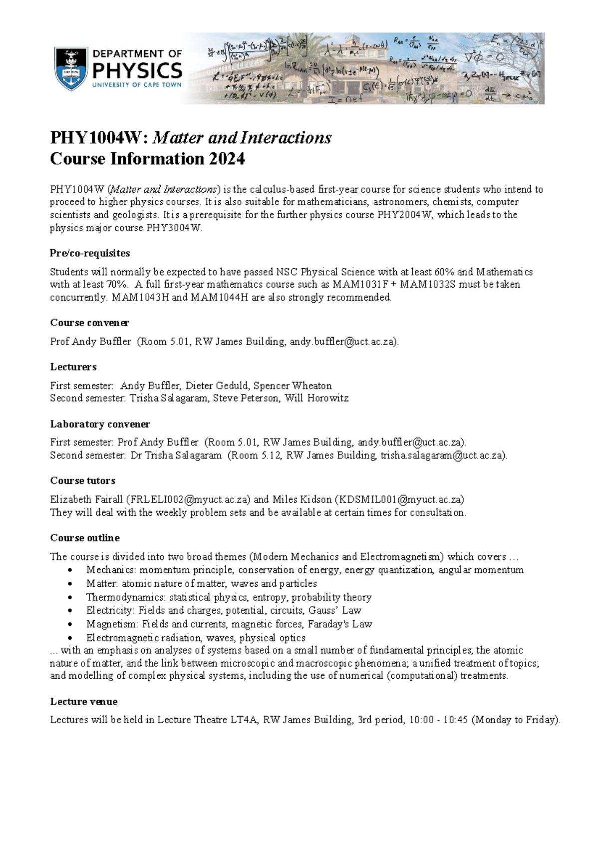 PHY1004W: Matter and Interactions Course Overview 2024 - Studocu