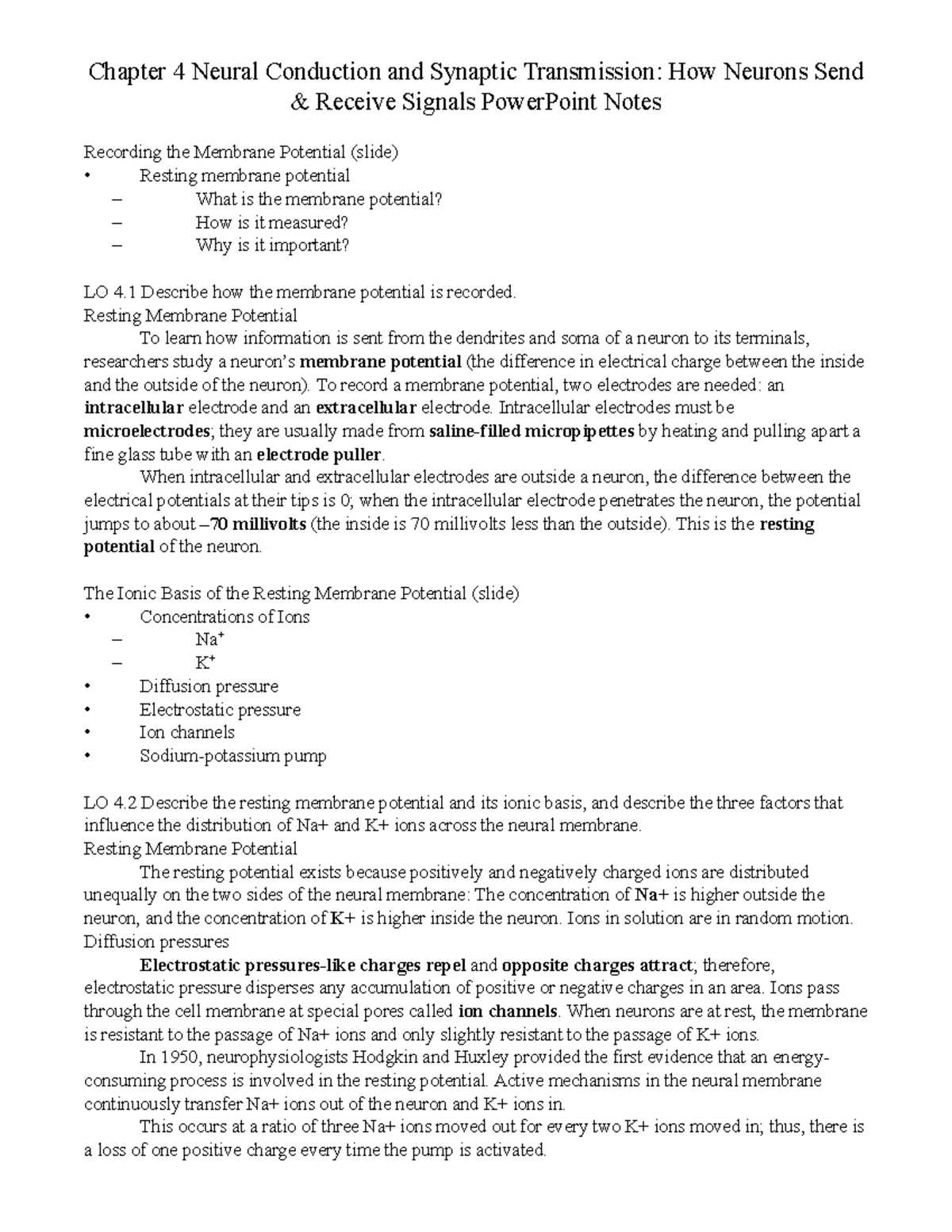 Biopsychology Chapter 4: Neural Conduction & Synaptic Transmission ...