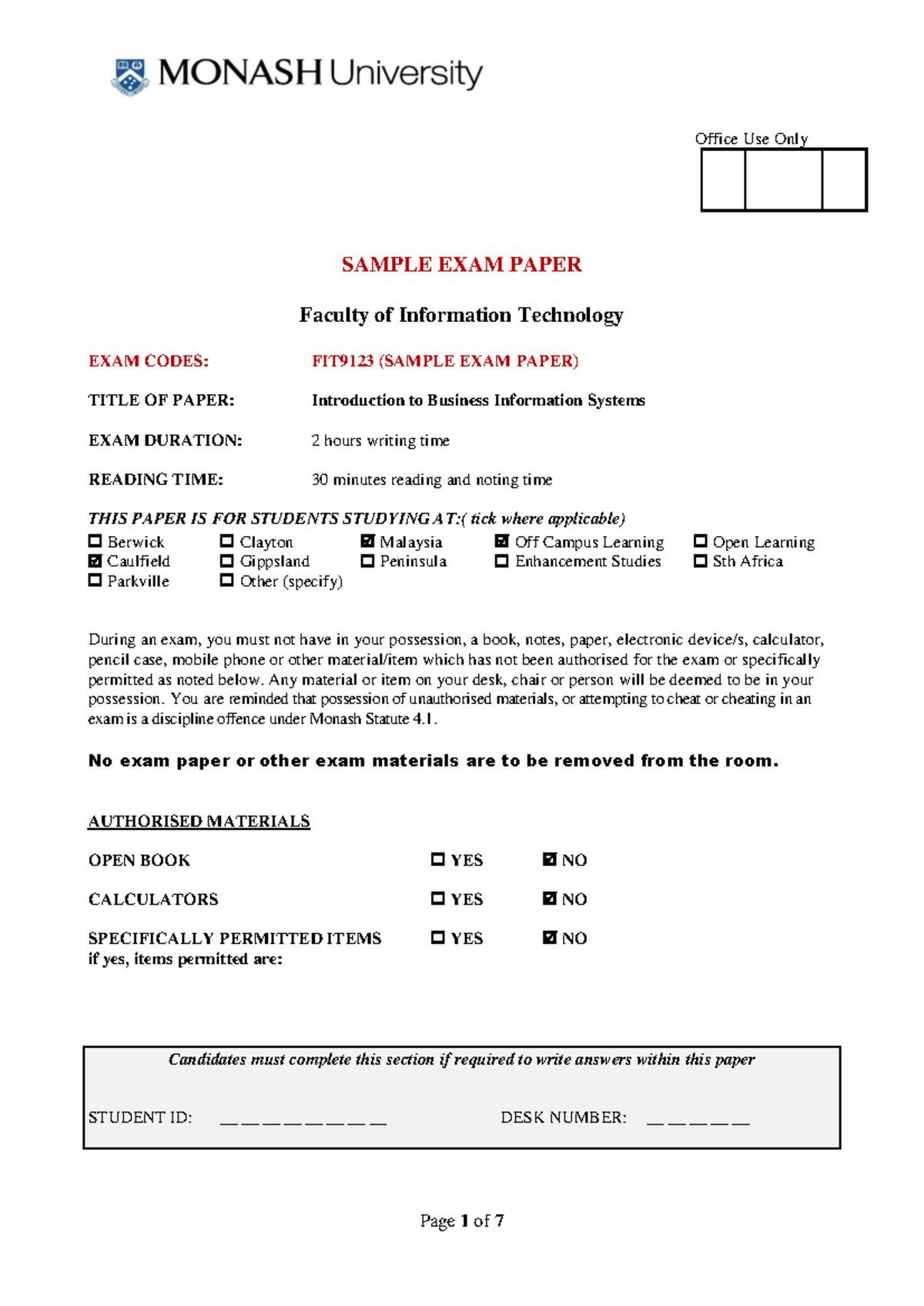 Sample/practice exam 2015, questions - Office Use Only SAMPLE EXAM ...