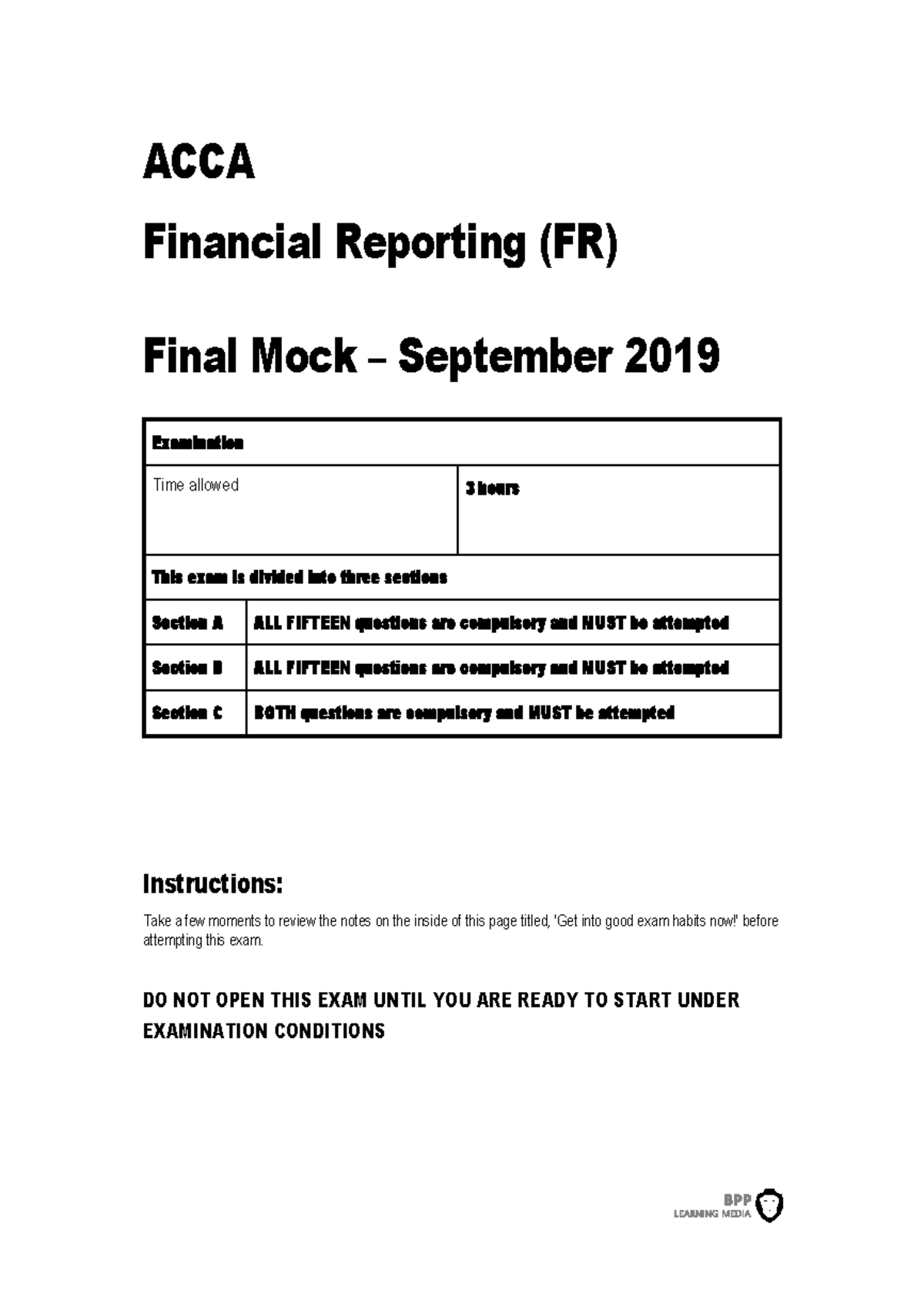 ACCA Financial Reporting FR Final Mock Exam - September 2019 - Studocu
