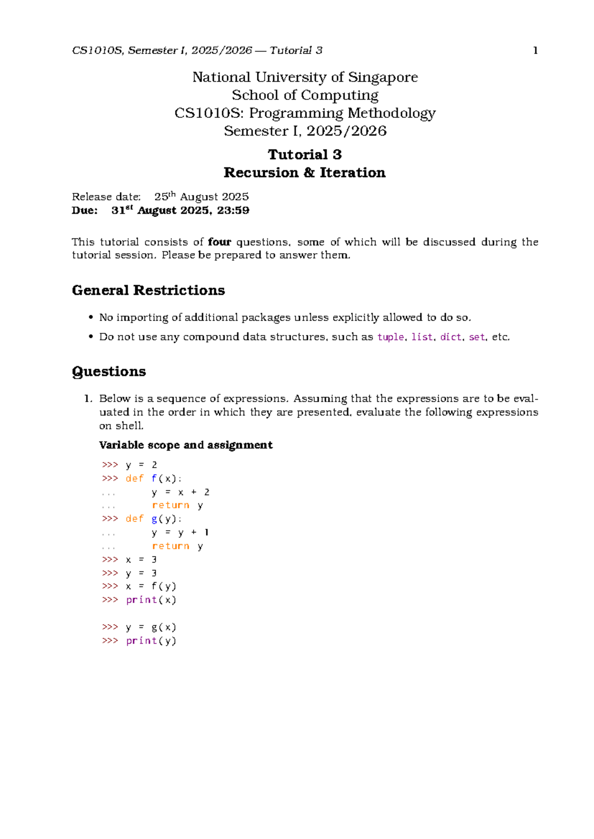 CS1010S Semester I Tutorial 3: Recursion & Iteration Guide - Studocu