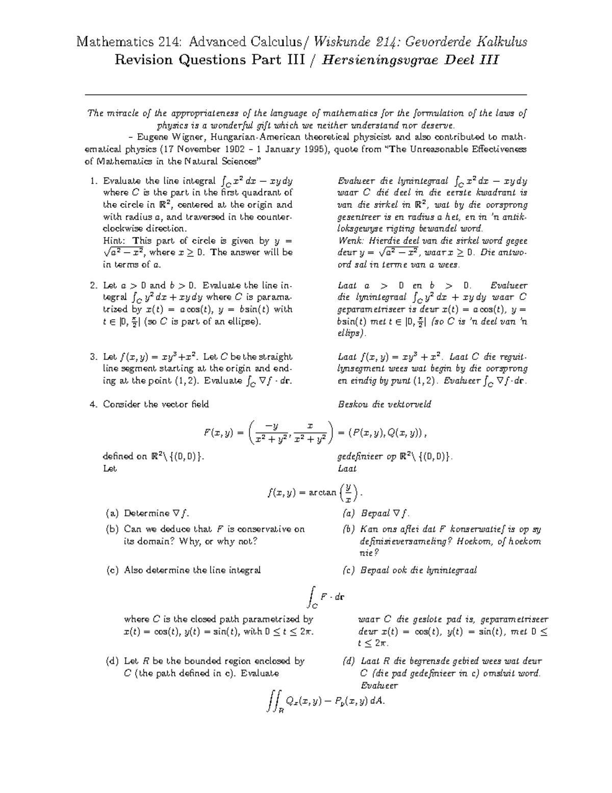 Mathematics 214: Advanced Calculus Revision Questions Part III - Studocu