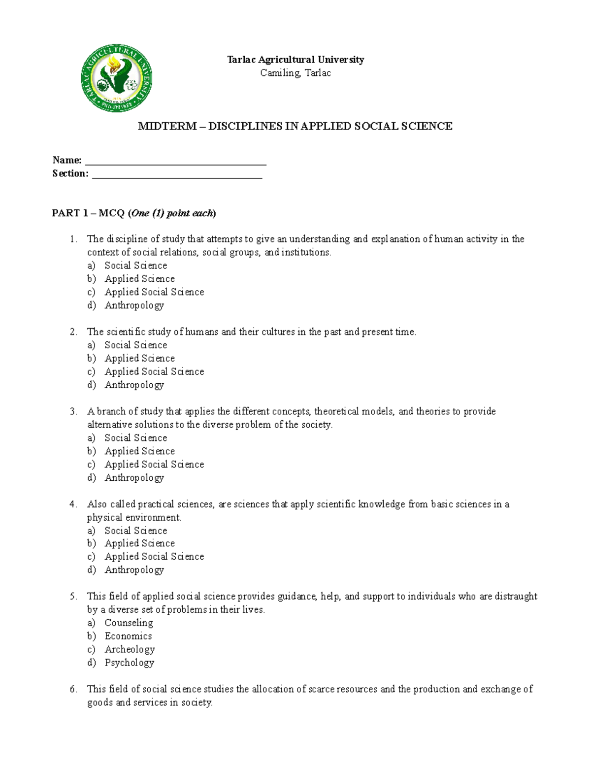 Midterm Exam Review - TOS: Disciplines in Applied Social Sciences - Studocu