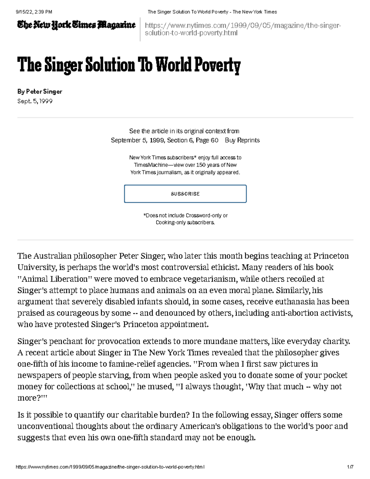 The Singer Solution to World Poverty: A Critical Analysis and ...