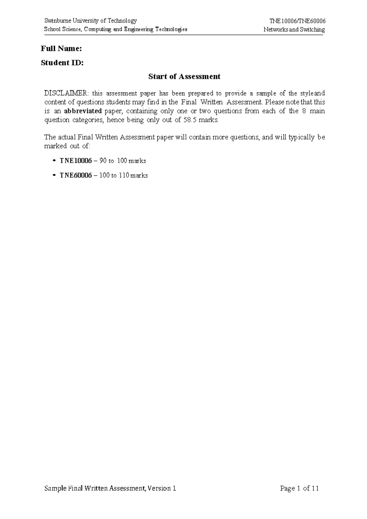 Swinburne University Networks and Switching Final Written Assessment ...