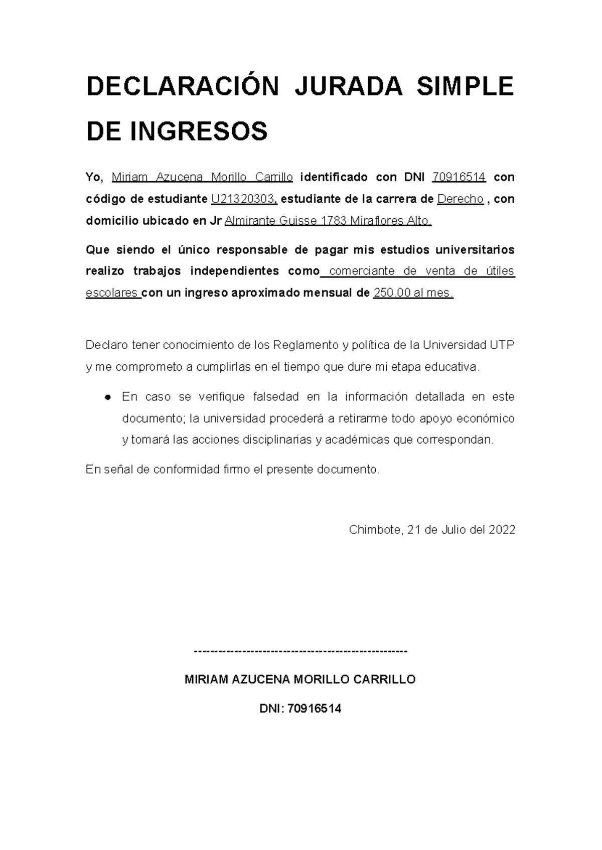 Declaración Jurada DE Ingresos (2).docx - DECLARACIÓN JURADA SIMPLE DE ...