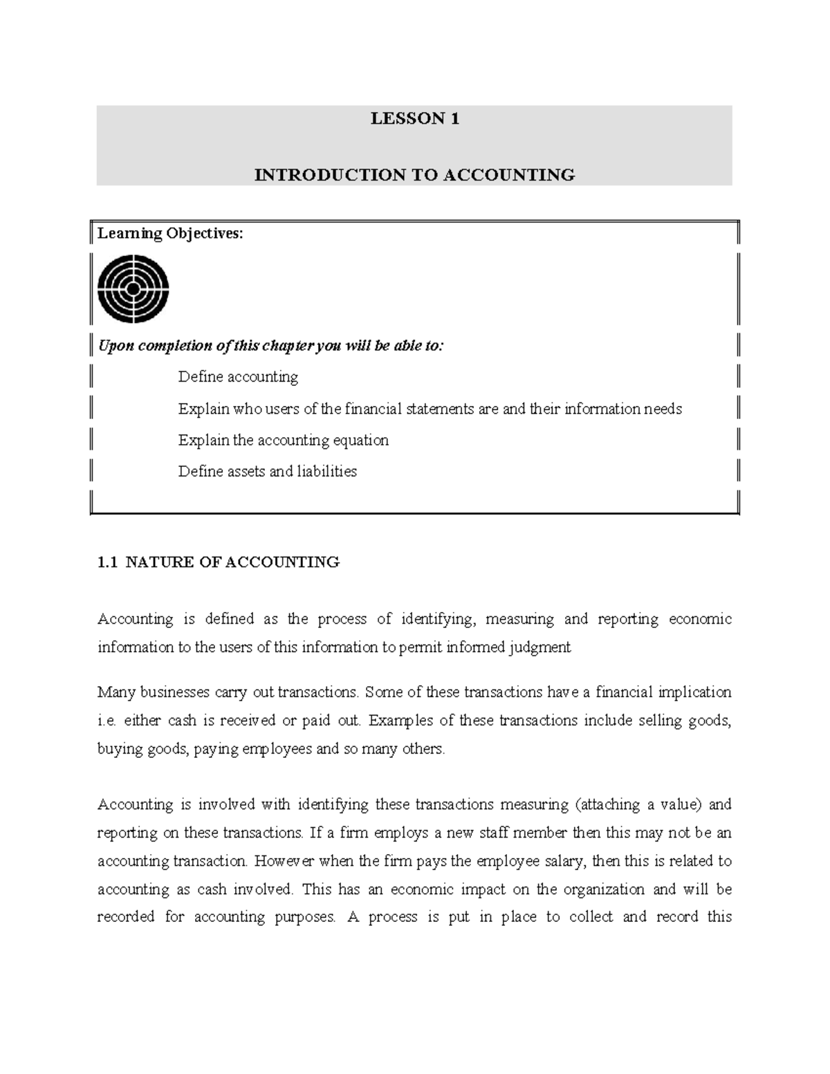Lesson 1: Introduction to Accounting Concepts and Principles - Studocu