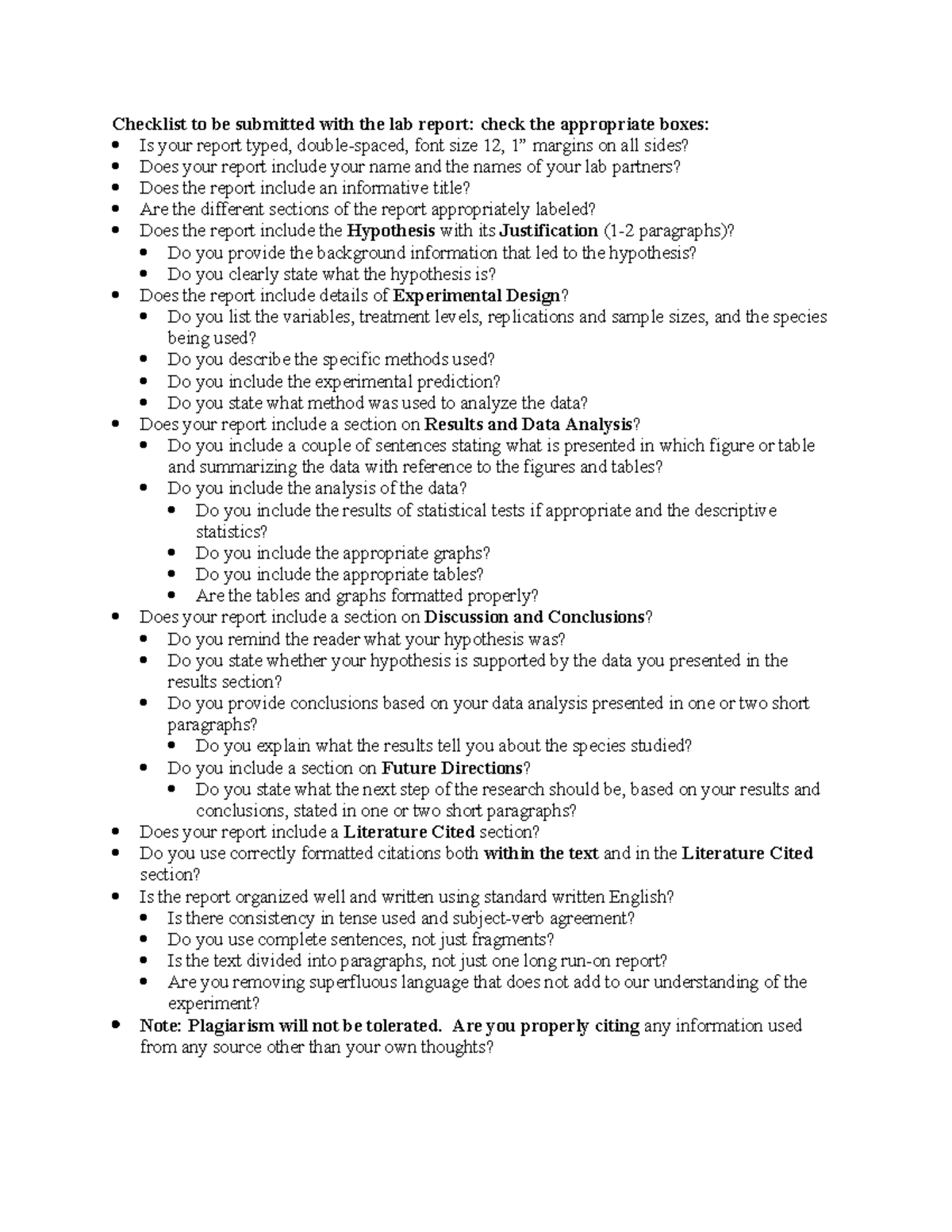 Report 1Checklist - Checklist to be submitted with the lab report ...