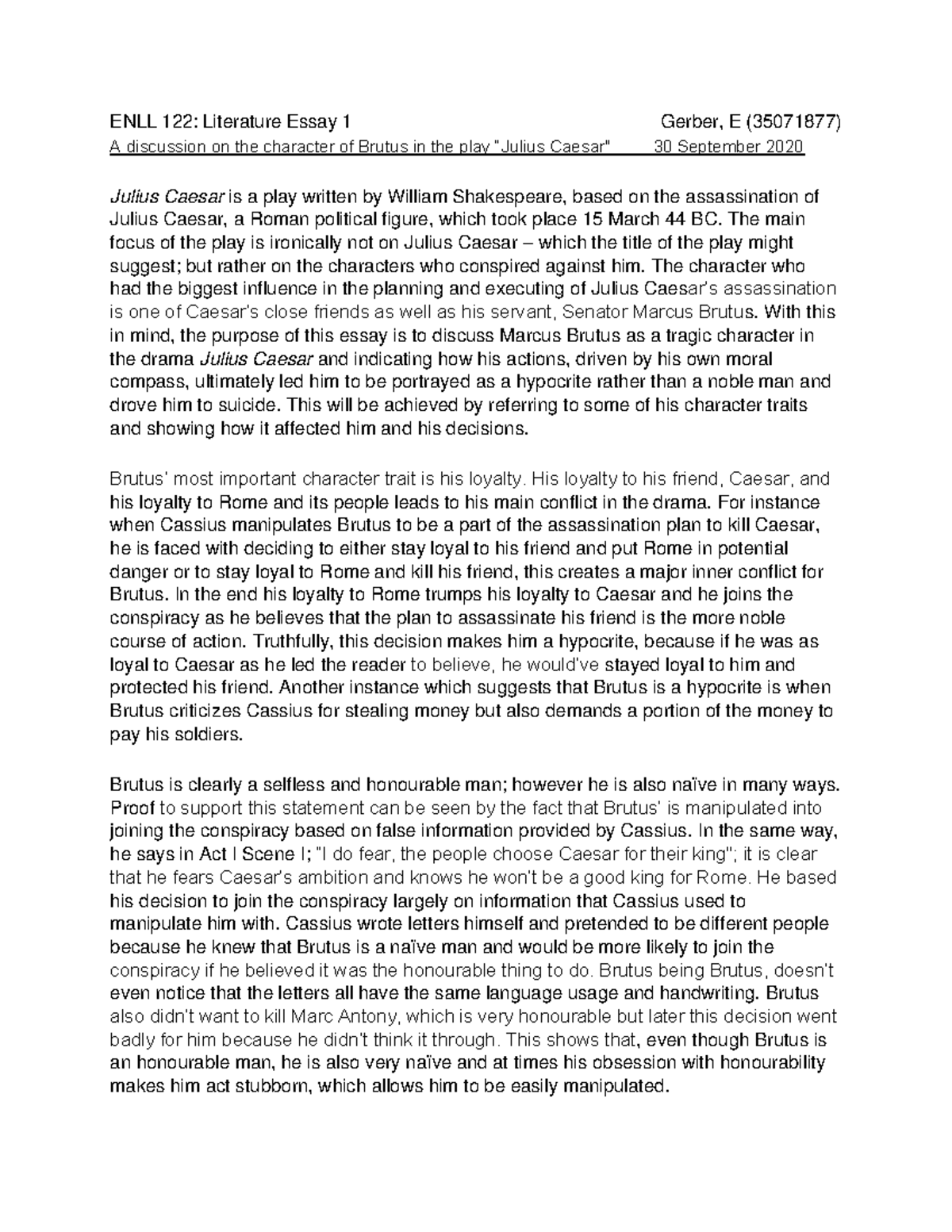 Brutus Essay final-converted - ENLL 122: Literature Essay 1 Gerber, E ...