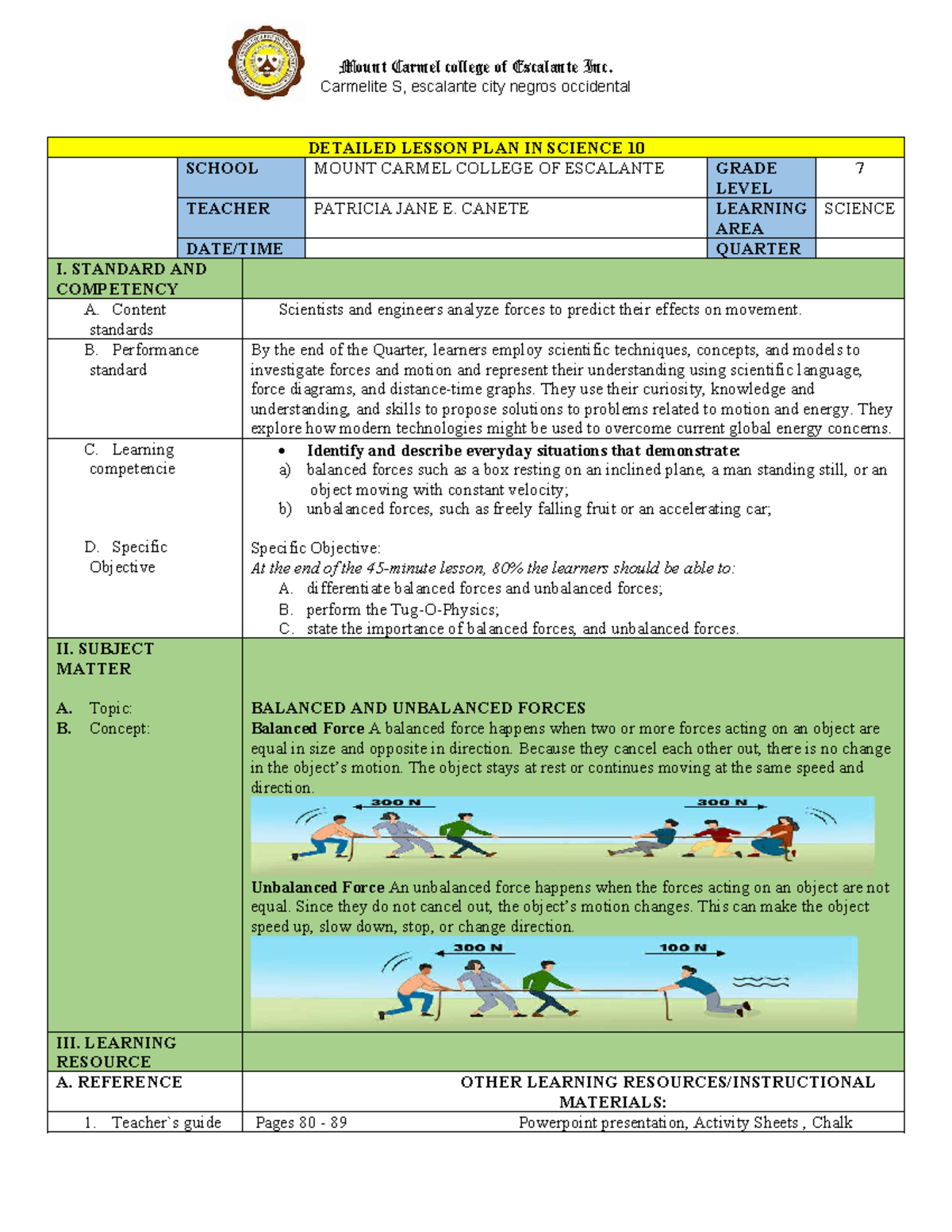 Detailed Lesson Plan on Balanced and Unbalanced Forces (SCI 10) - Studocu