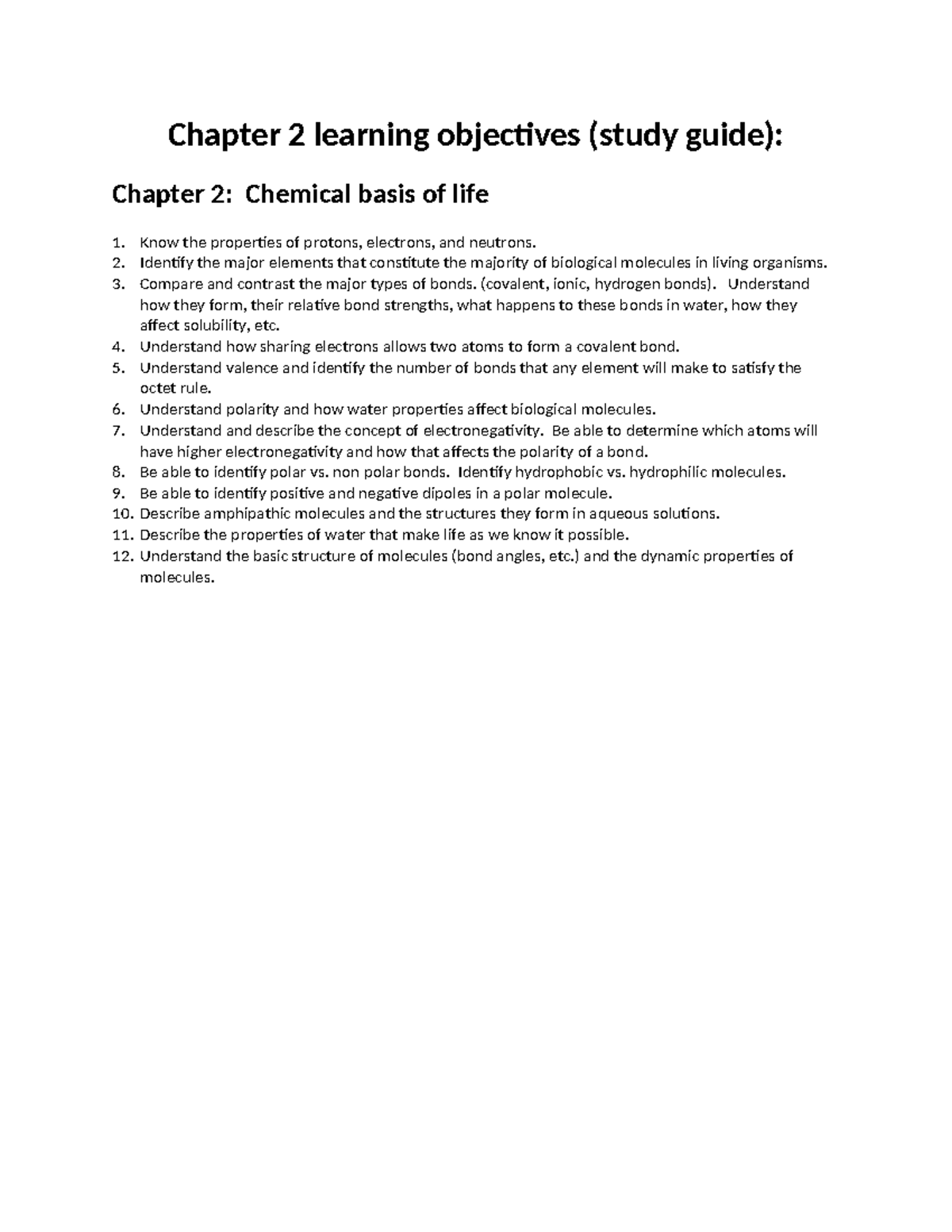 Chemical Basis of Life: Study Guide for Chapter 2 (BIO101) - Studocu