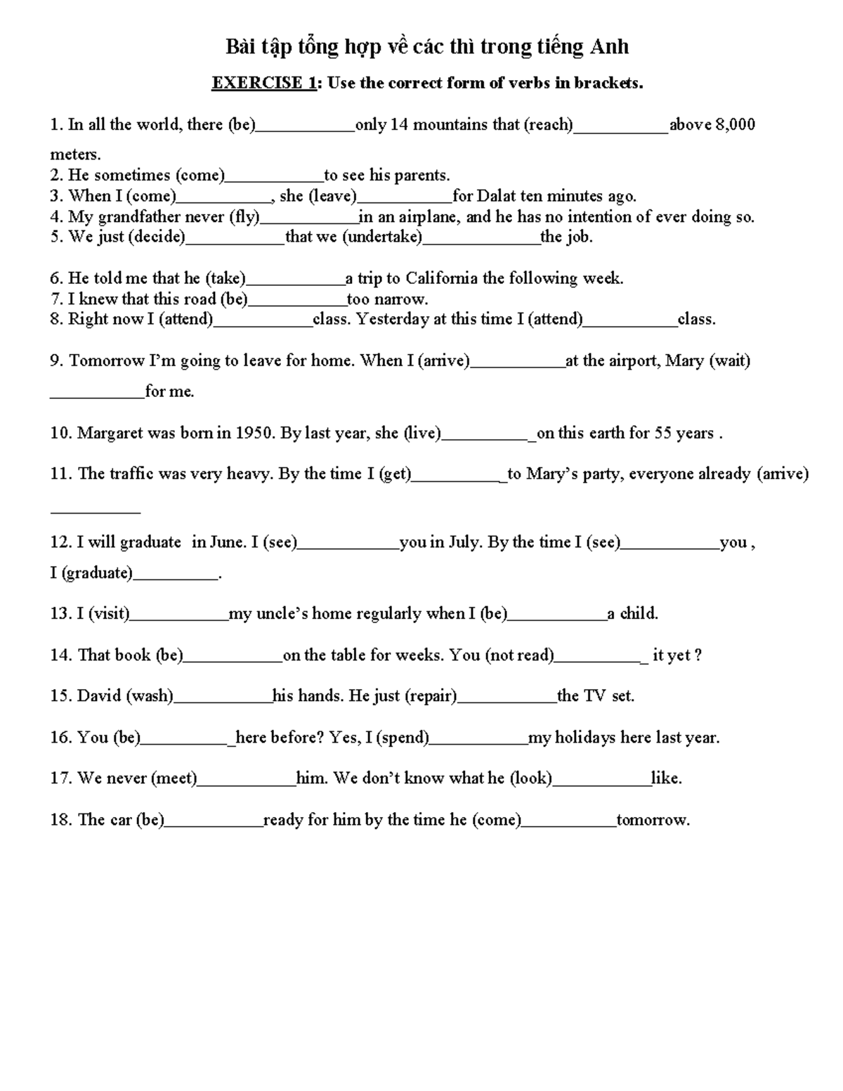 Bài Tập Tổng Hợp Về Các Thì Trong Tiếng Anh - EXERCISE & ANSWERS - Studocu