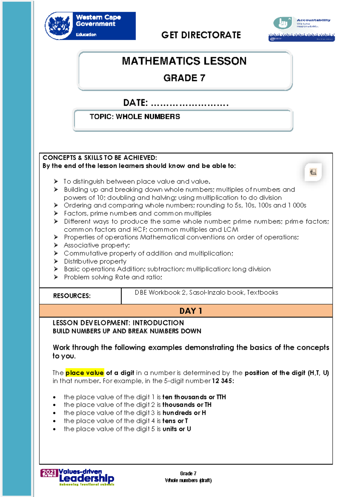 Grade 7 Mathematics: Whole Numbers Lessons Term 1 Weeks 1-3 - Studocu