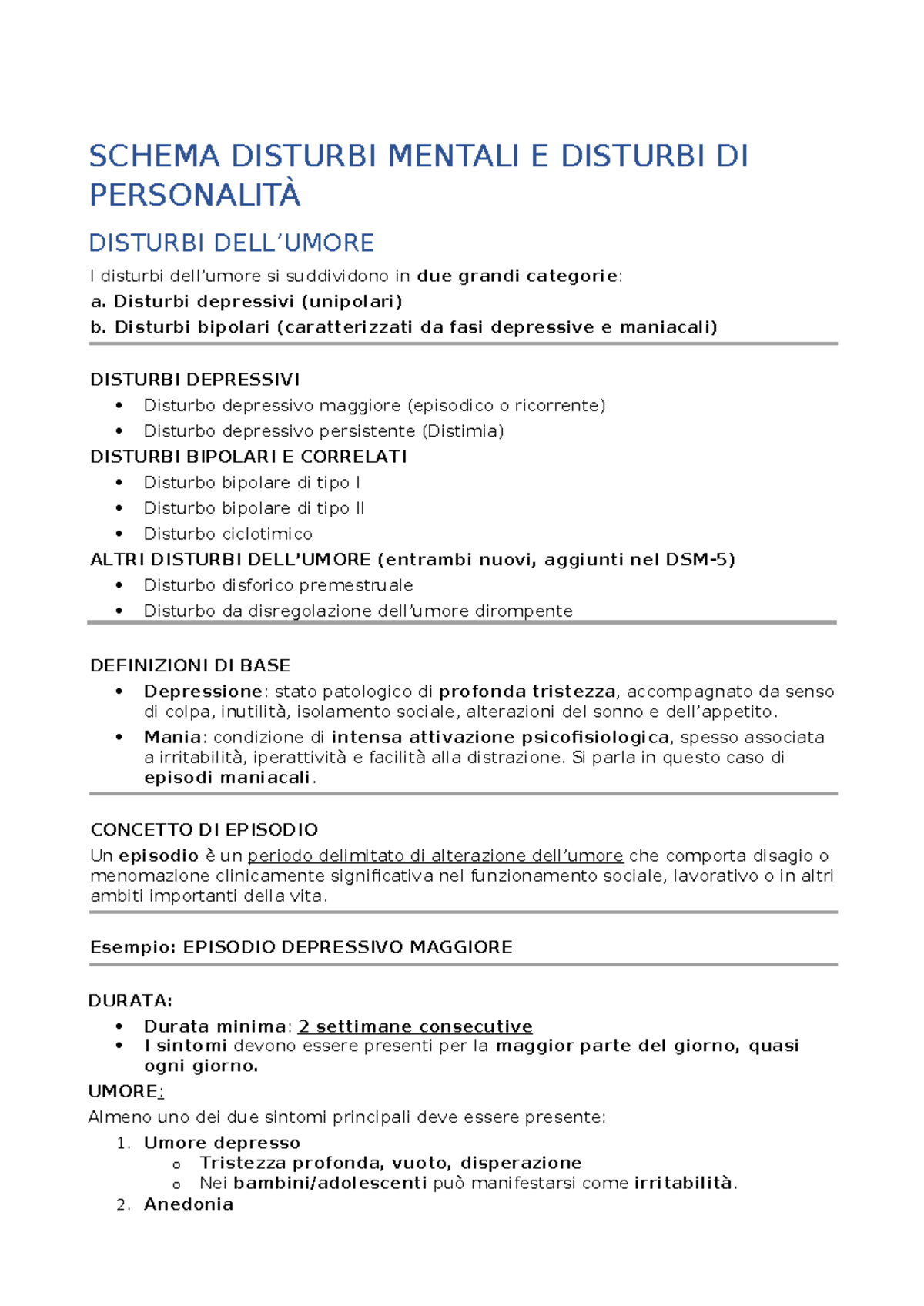 Schema SCHEMA DISTURBI MENTALI E DISTURBI DI PERSONALITÀ (SCHEMA) - Studocu
