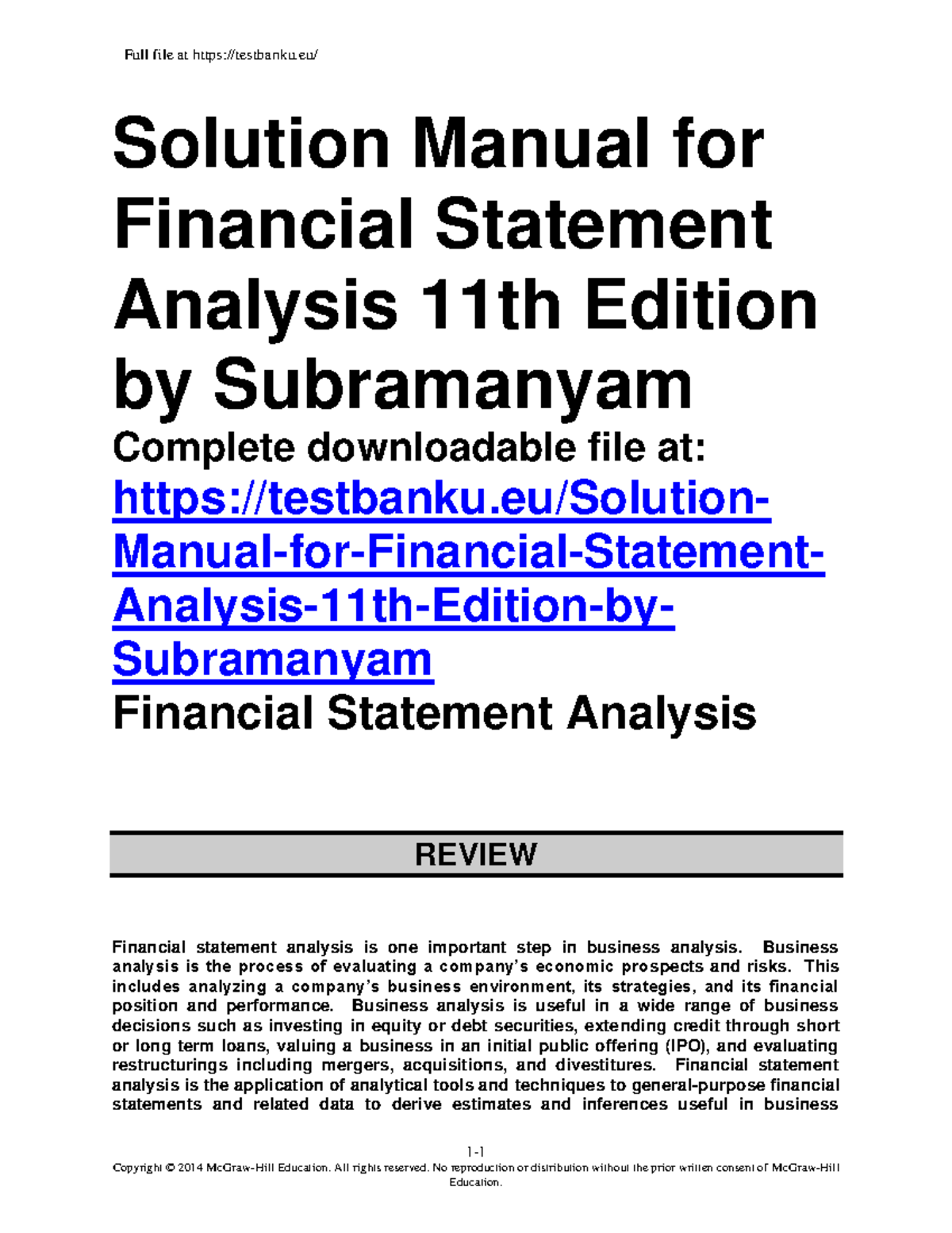 Solution Manual for Financial Statements Analysis - Chapter 1 (11th Ed ...
