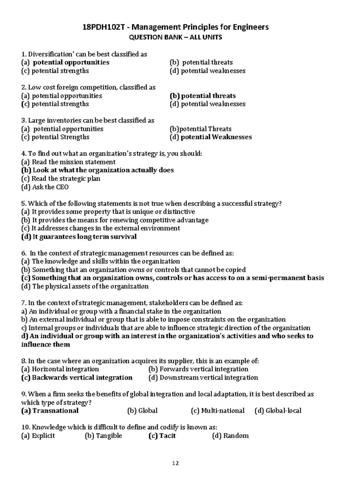 CT3 SRM MPE - Important MCQs and Questions on Strategic Management ...