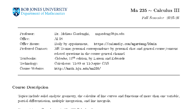Ma 235 Calculus Syllabus - Fall 2025 (Dr. Gardenghi) - Studocu