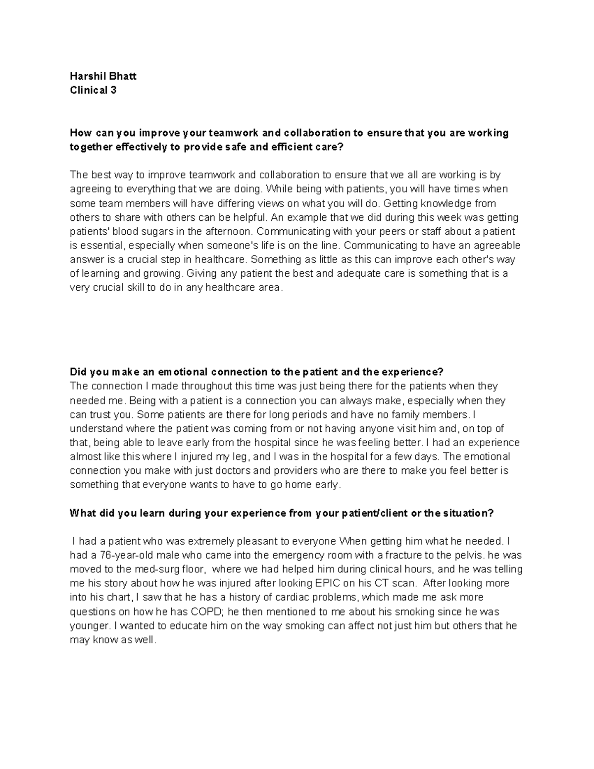 Clinical Reflection 3: Enhancing Teamwork and Patient Connection - Studocu
