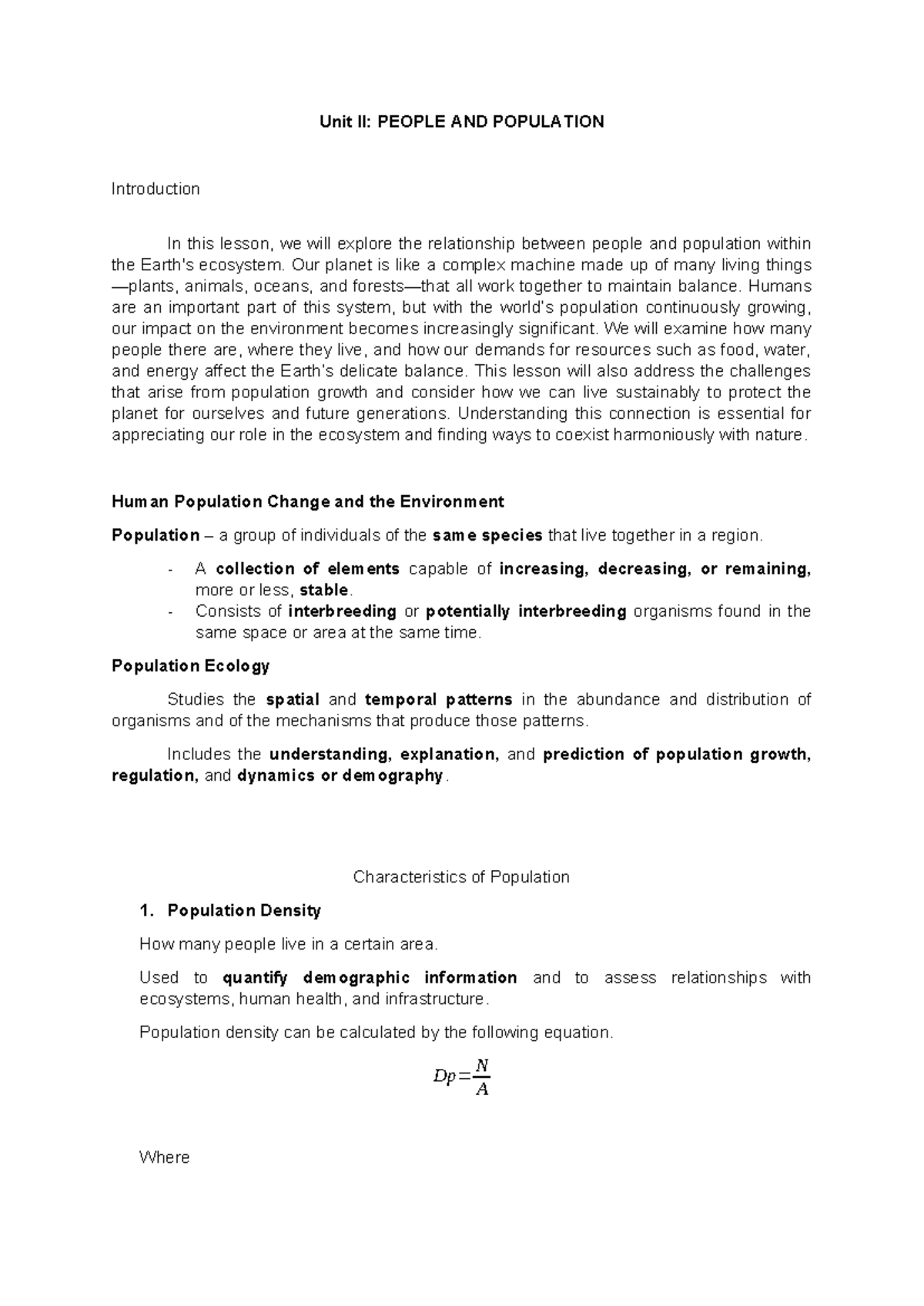 WEEK 3-4: People and Population - Understanding Dynamics and Impact ...
