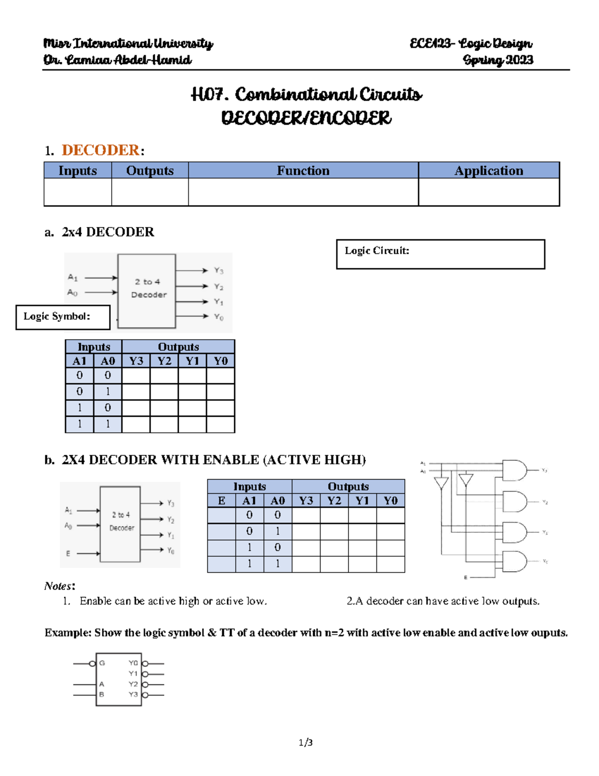 Logic Sp23 Handout 07 Decoder-Encoder - 1 / 3 Misr International ...