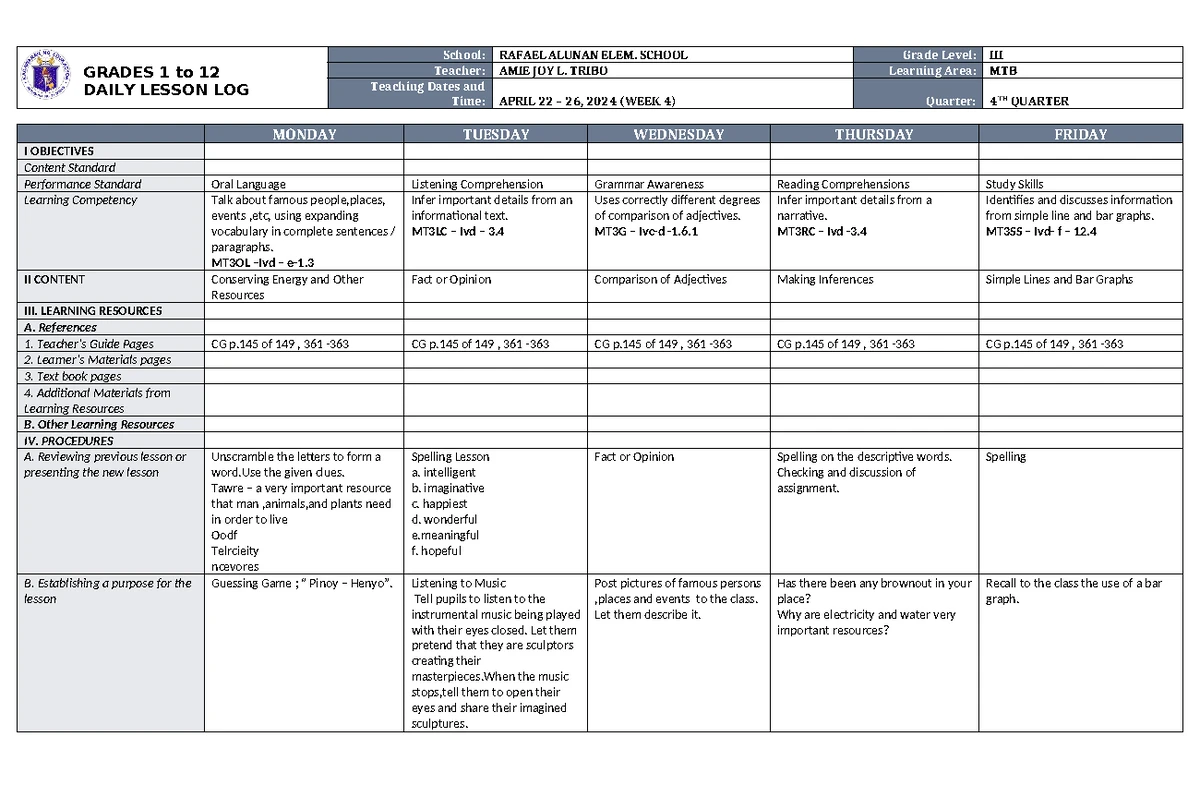 DLL Filipino 3 Q4 W4 - Daily Lesson Log for Grade III - Studocu