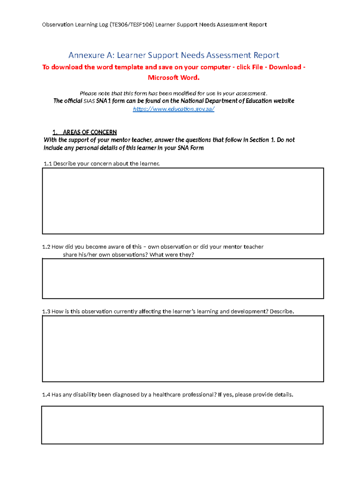 TE306 Learner Support Needs Assessment Report - Editable Version - Studocu