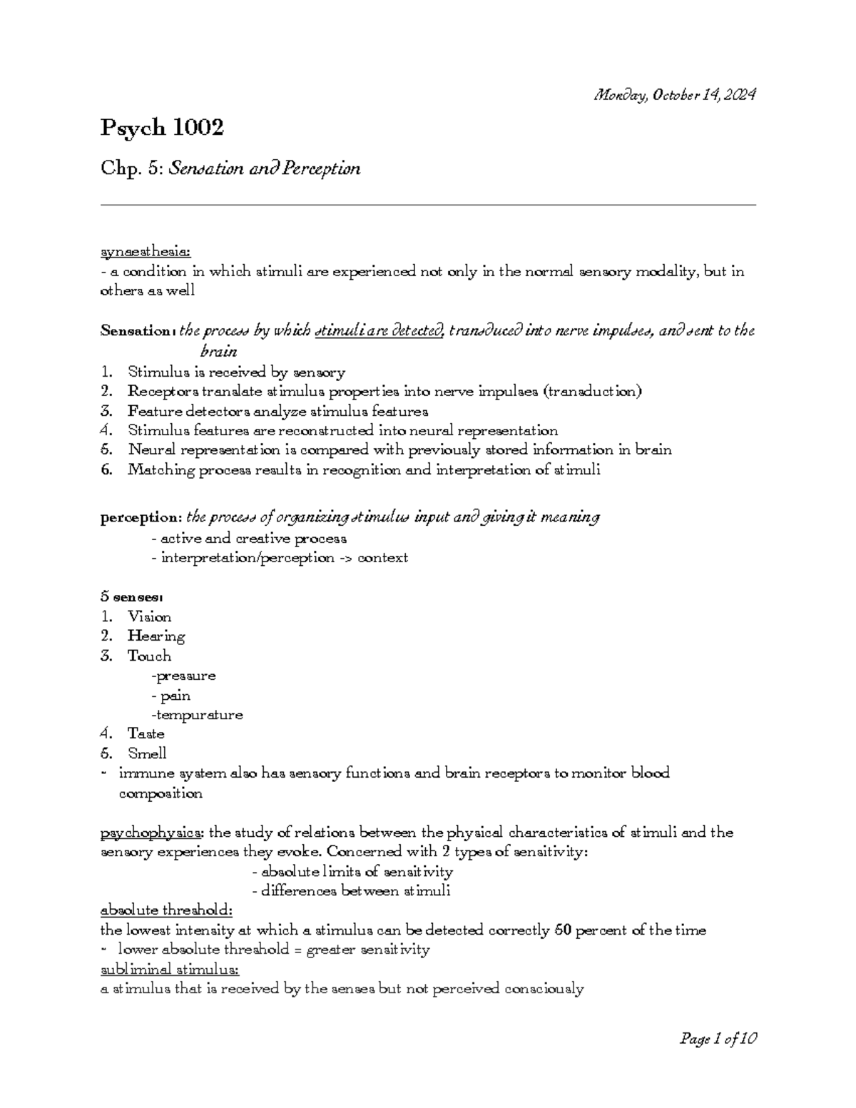 Psych 100 Chp 5: Sensation and Perception Overview - Studocu