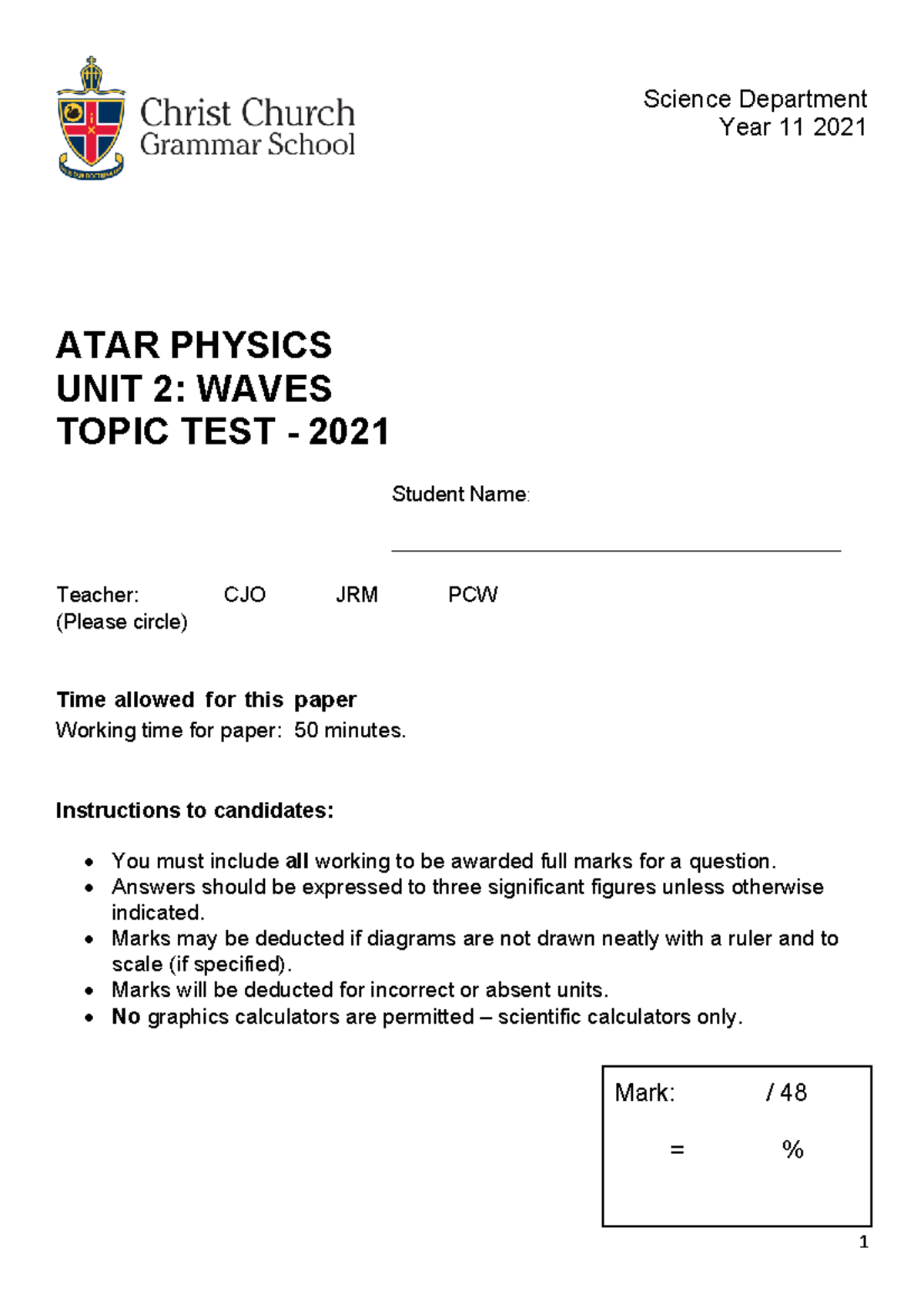 ATAR Physics Year 11 Unit 2: Waves Topic Test 2021 - Studocu