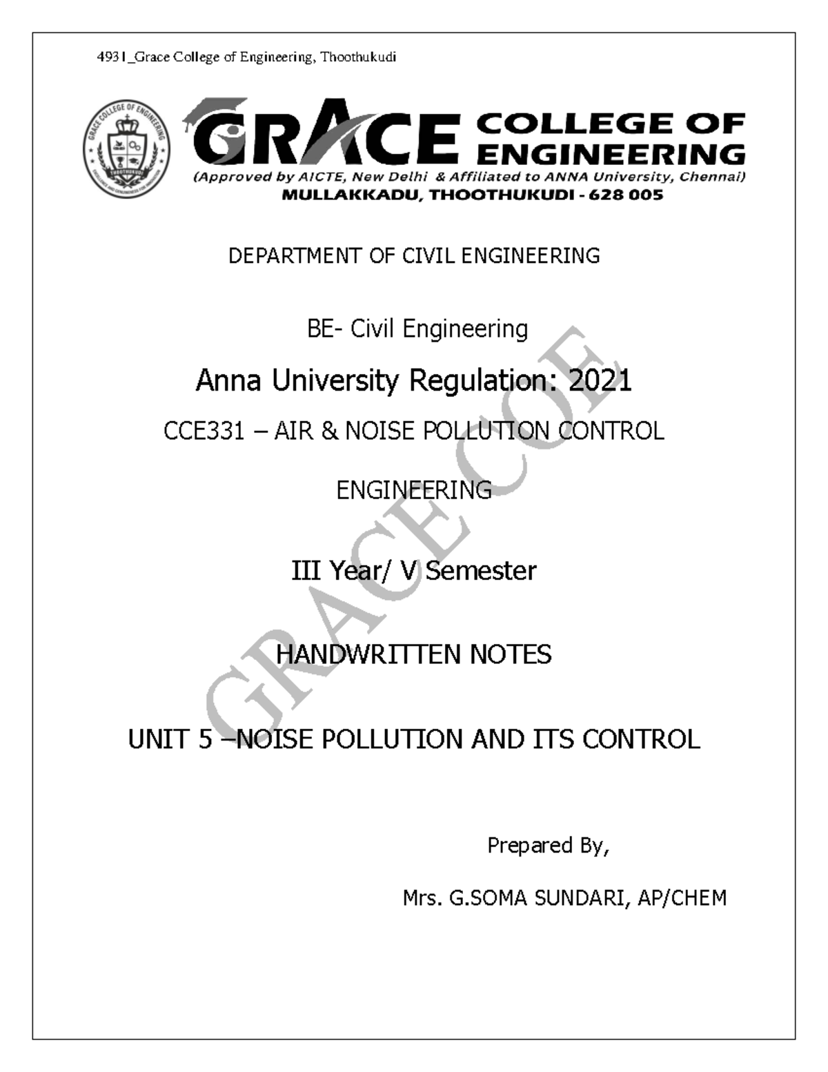 CCE331 Air Noise Pollution Control Engineering Unit 5 Notes - Studocu