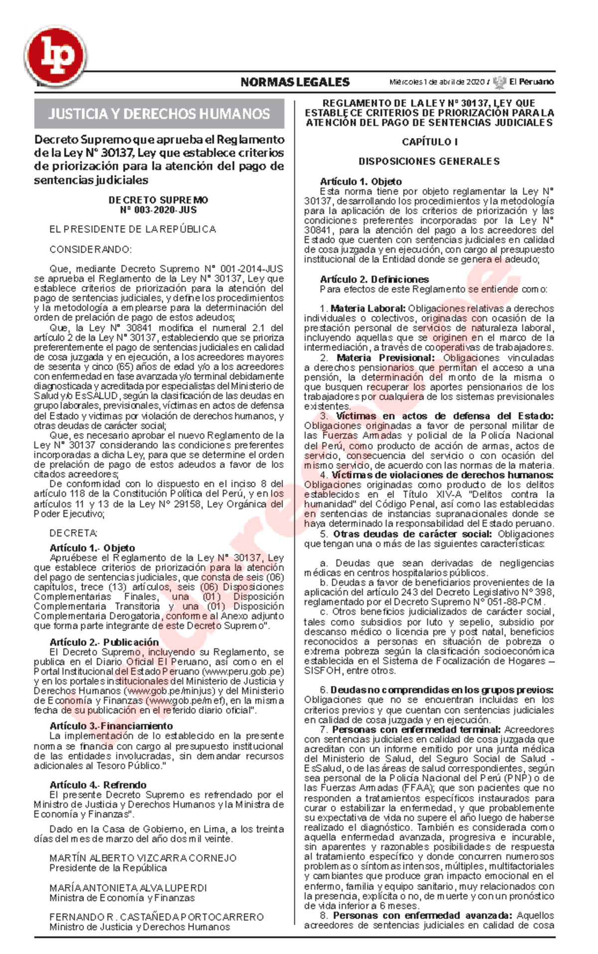 Reglamento 30137: Criterios de Priorización para Pago de Sentencias ...