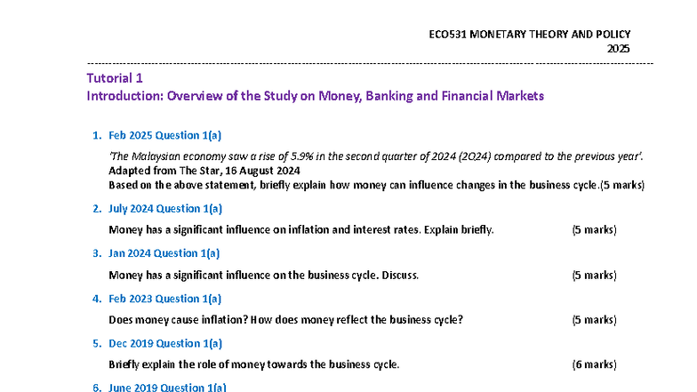 ECO531 MONETARY THEORY AND POLICY 2025 Final Exam Questions by Chapter ...