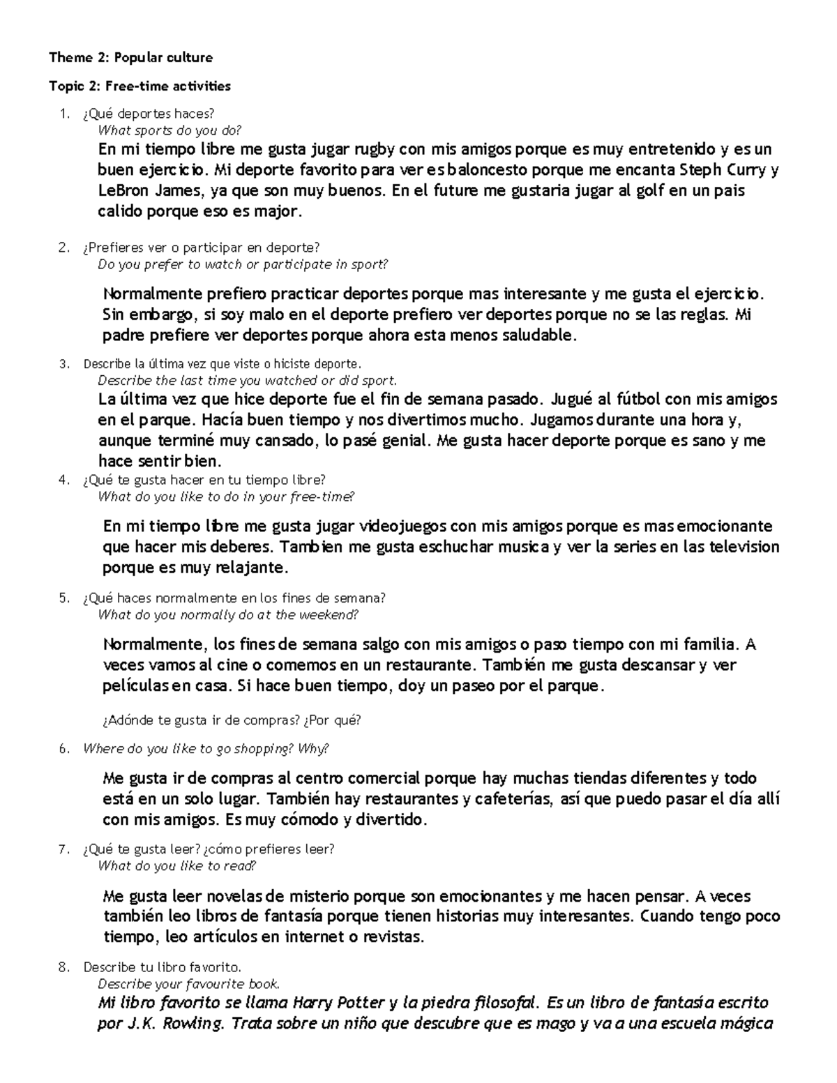 Spanish GCSE Speaking - Theme 2, Topic 2: Free Time Activities - Studocu