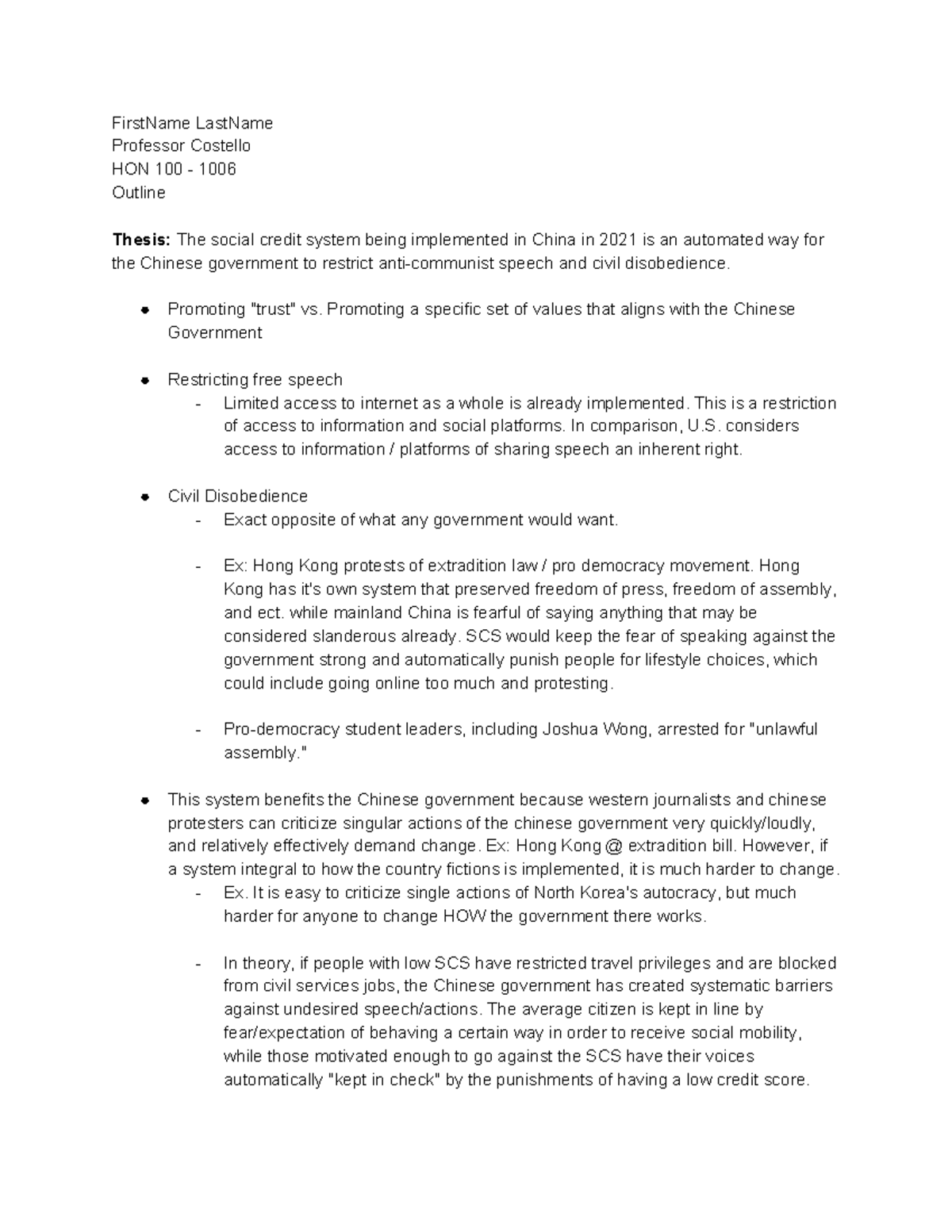 Example of an Outline for an HON 100 Essay - FirstName LastName ...