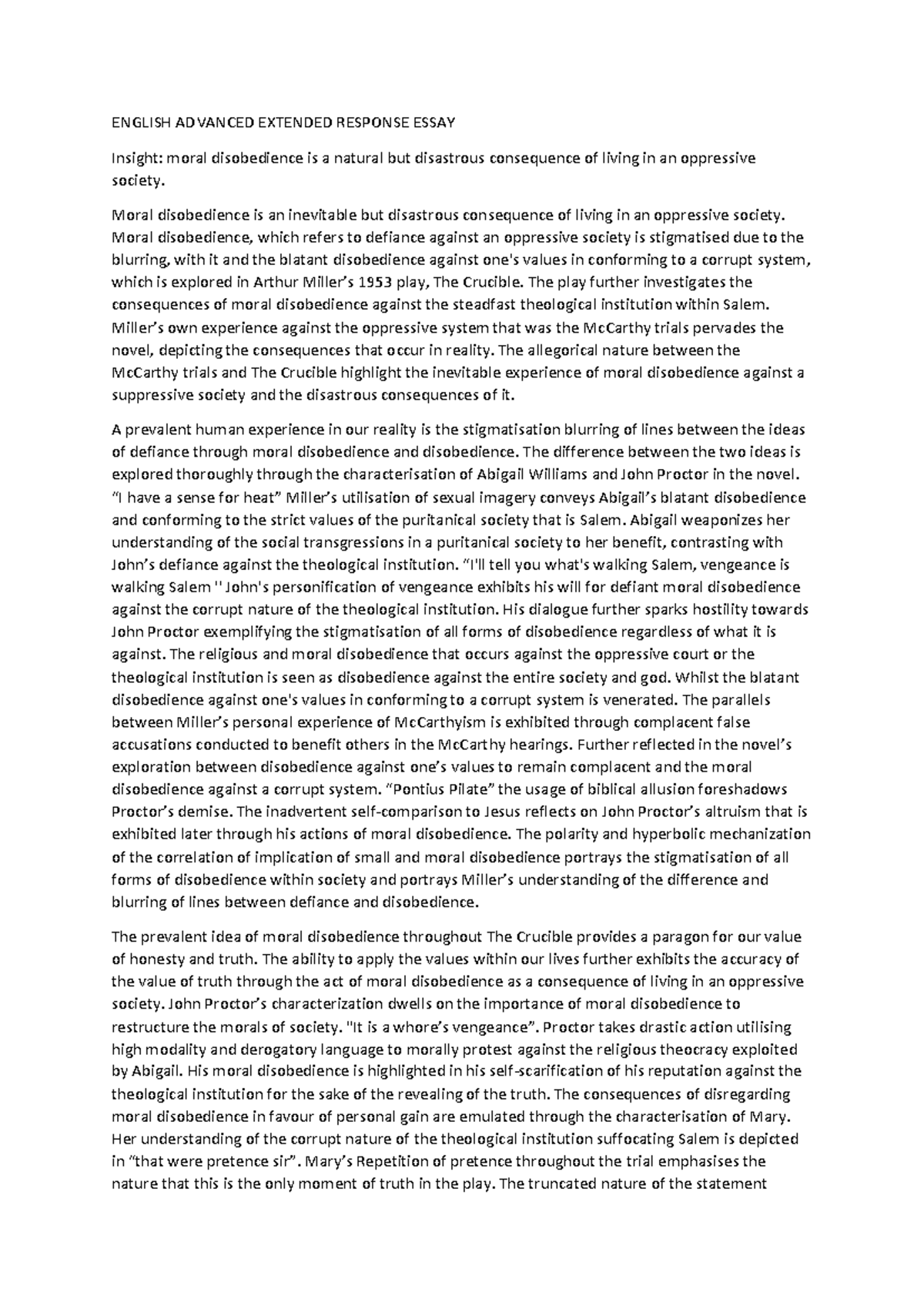 ENG 101: Advanced Extended Response Essay on Moral Disobedience in The ...