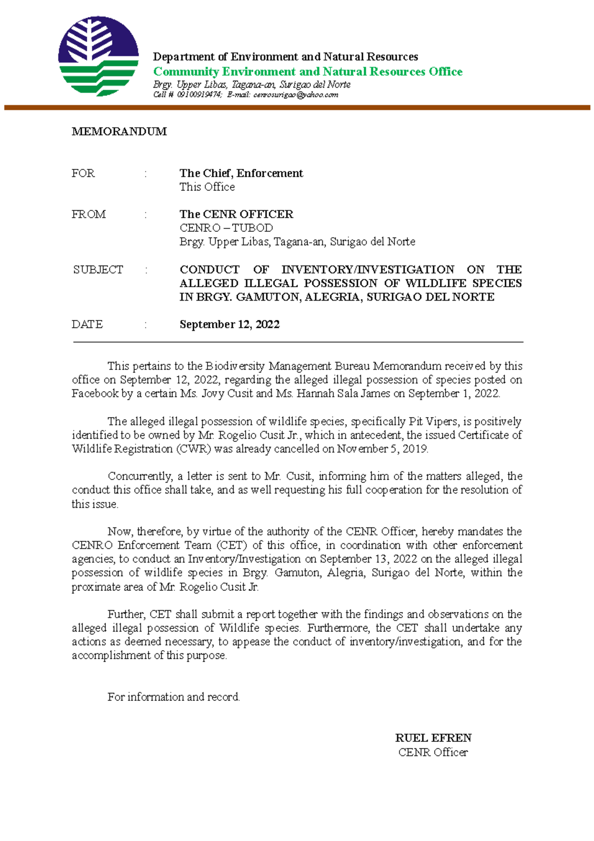MEMO inventory to cusitt - Department of Environment and Natural ...