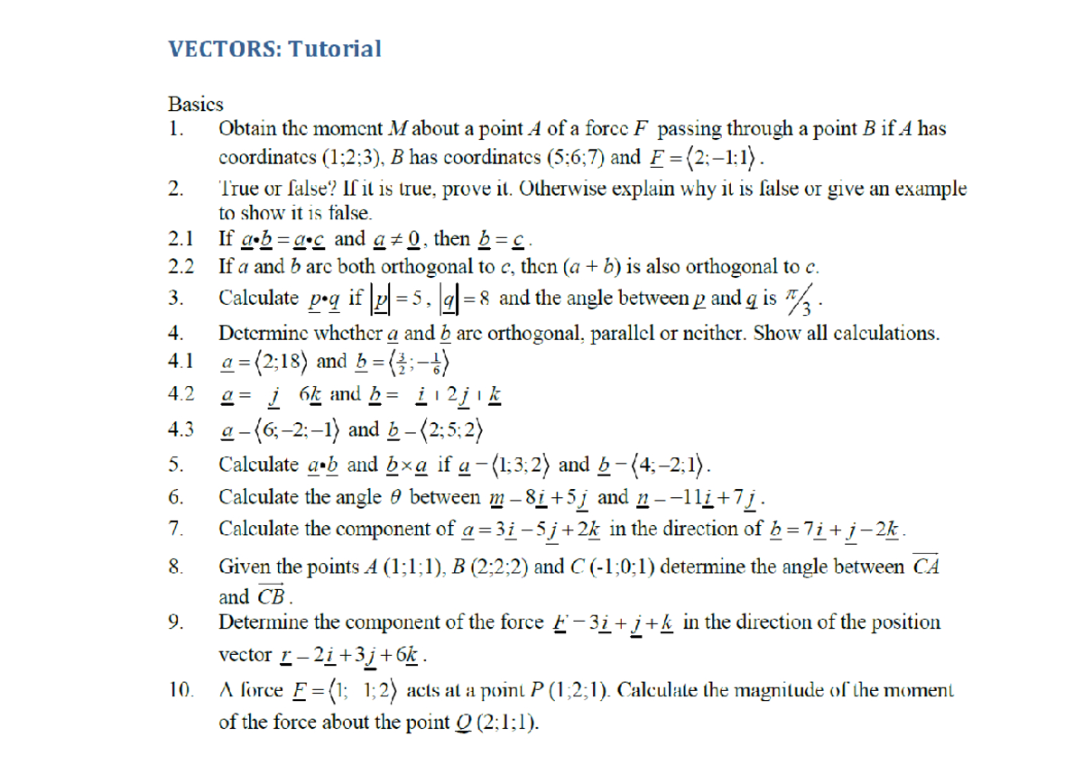 TMA 105C: Vectors Tutorial Basics and Moment Calculations - Studocu