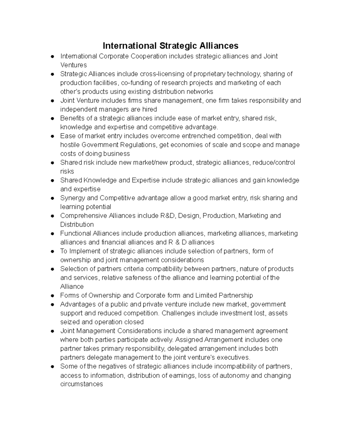 International Strategic Alliances - Ease of market entry includes ...