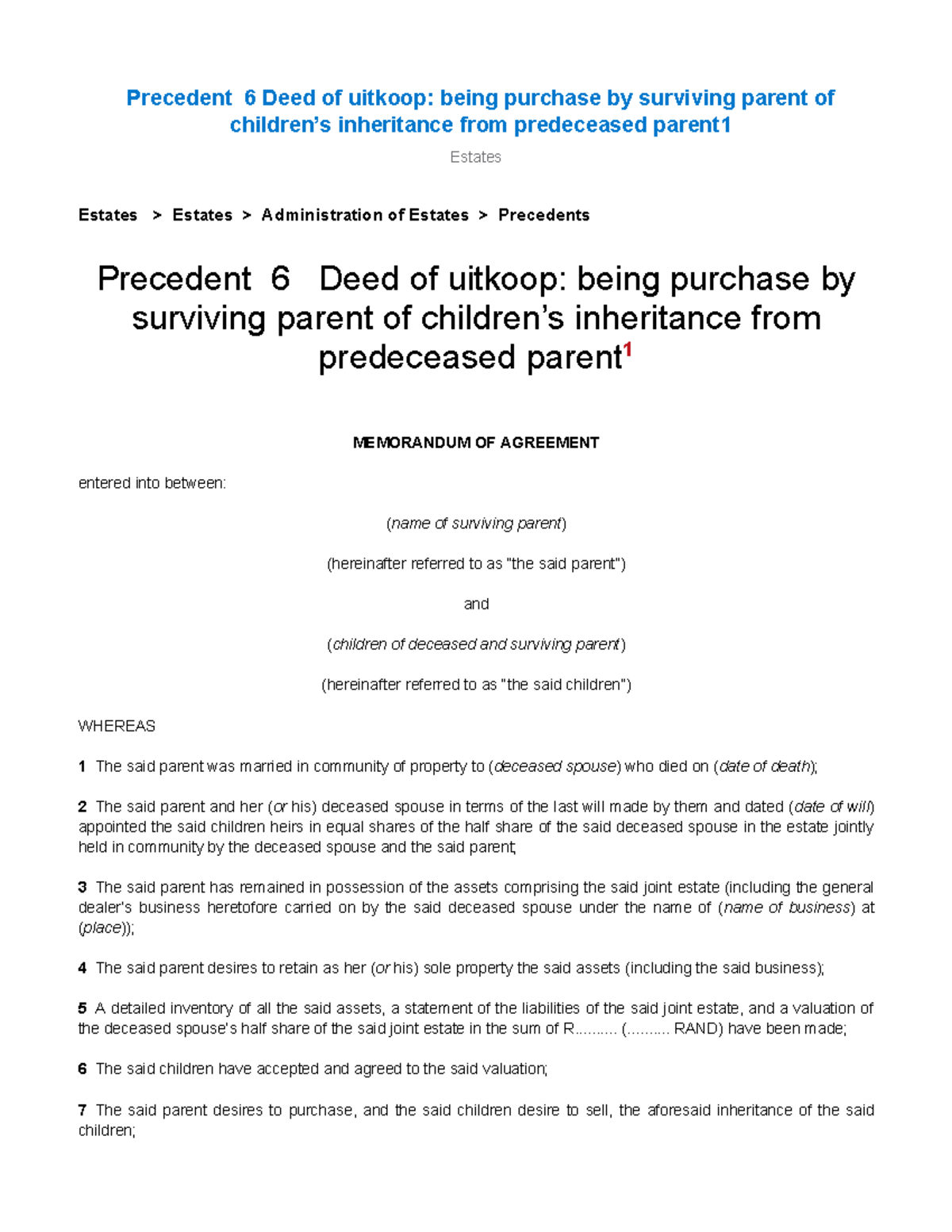 Precedent 6: Buy-Out Agreement for Surviving Spouse Inheritance - Studocu