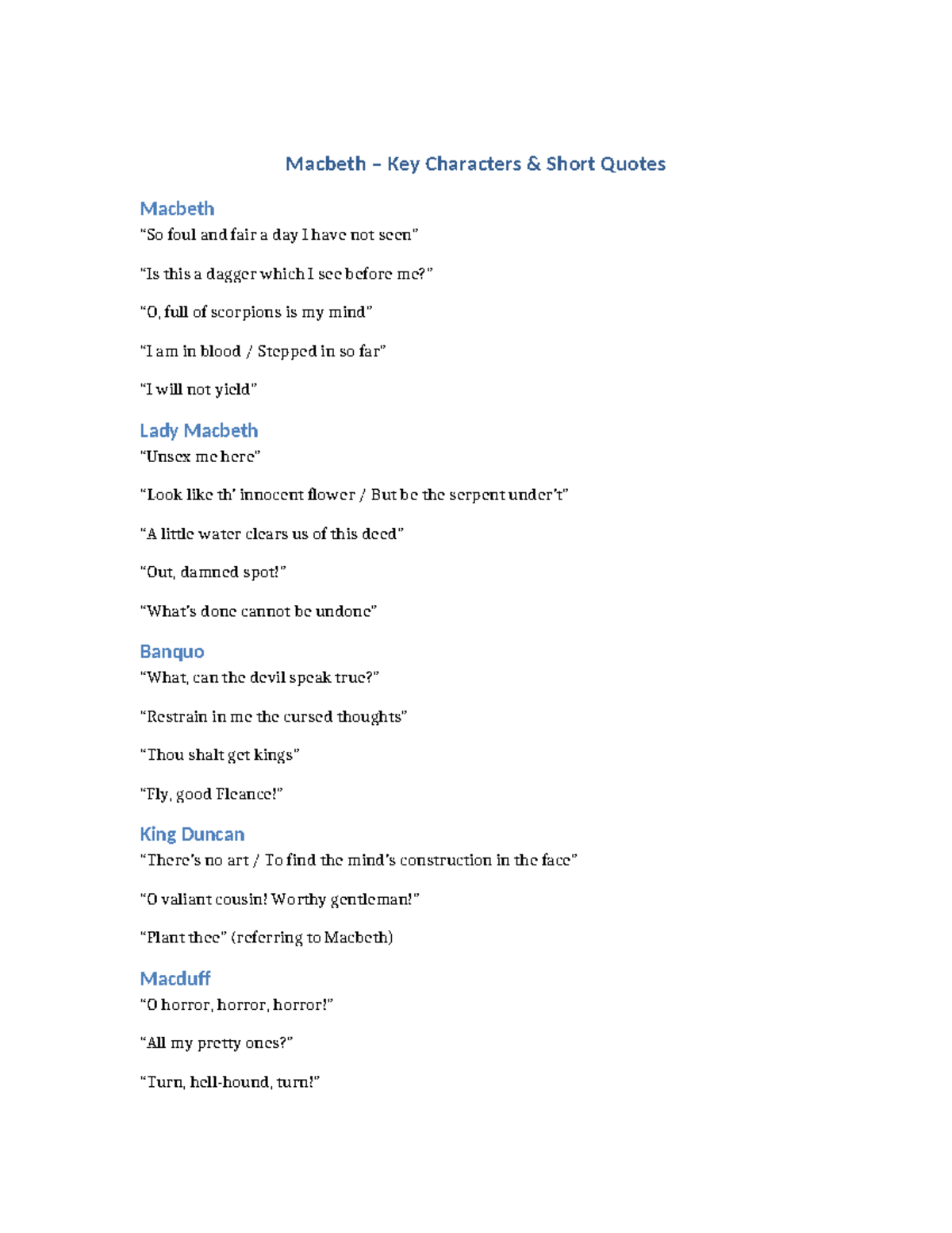 Macbeth Key Quotes Revision for English Lit (ENG101) - Studocu