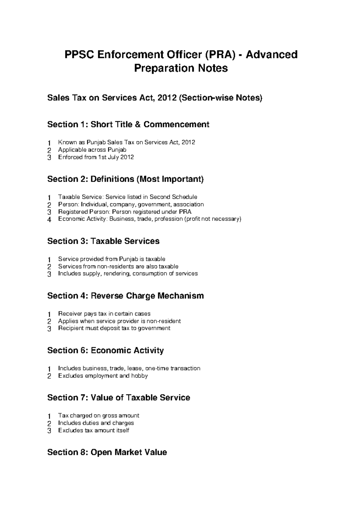 PPSC Enforcement Officer Advanced Notes on Sales Tax Act, 2012 - Studocu