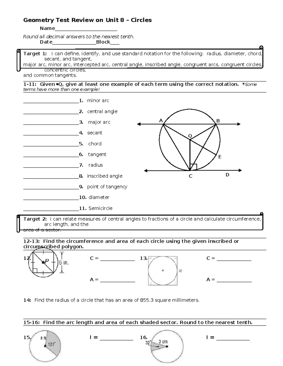 Unit 8 Geometry Test Review: Understanding Circles and Their Properties ...