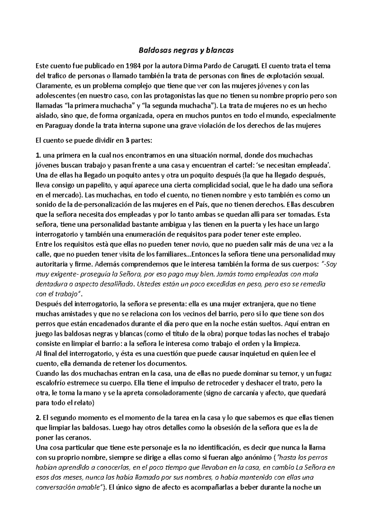 Análisis del Cuento "Baldosas Negras y Blancas" de Dirma Pardo (1984) - Document Preview