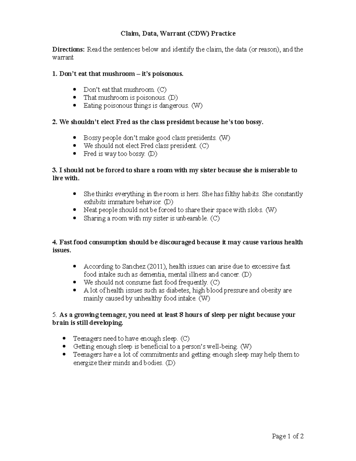 CDW Practice: Skills for Claim, Data & Warrant Analysis (QP) - Studocu